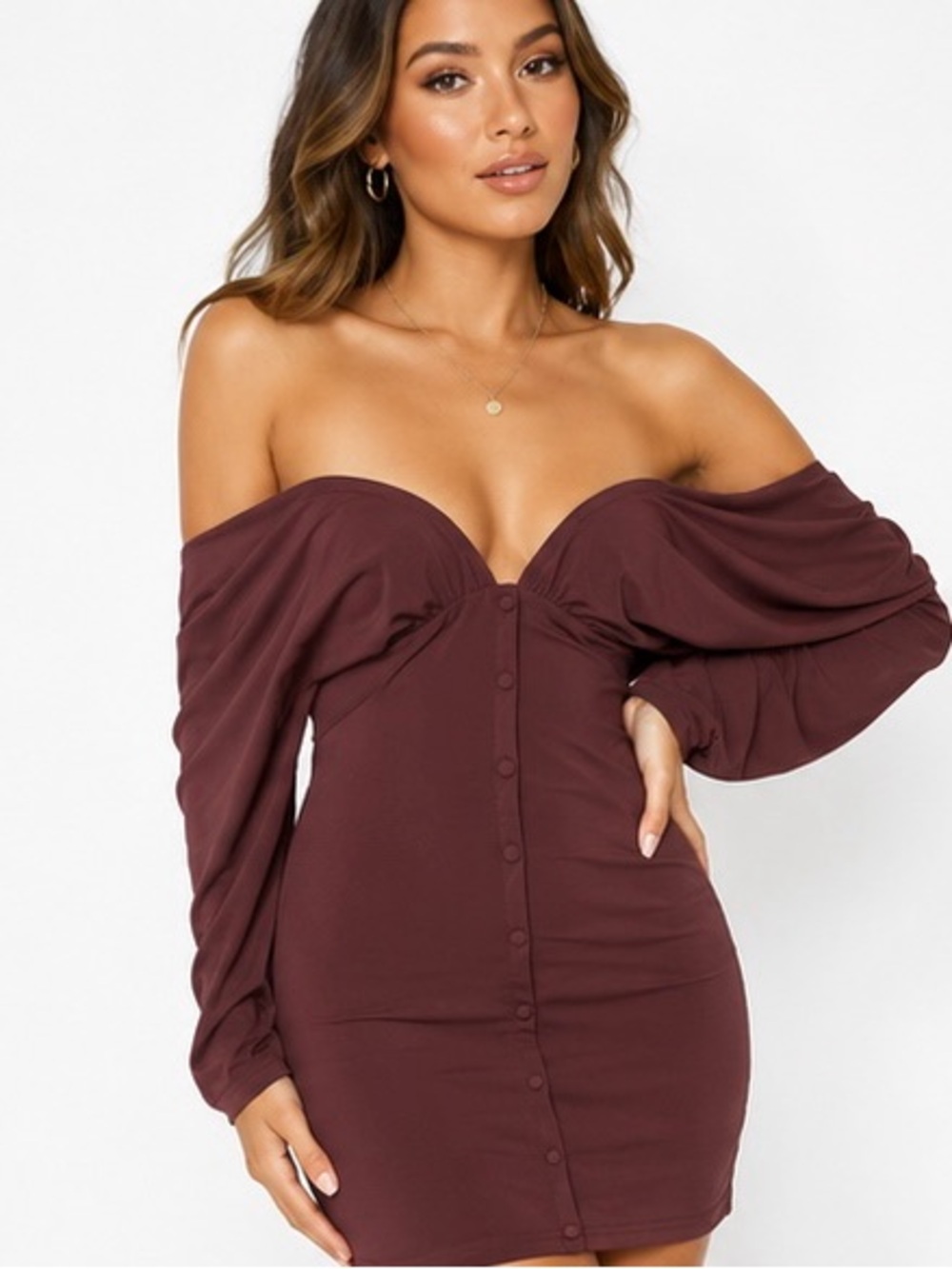 ASOS Design Off-Shoulder Burgundy Long Sleeve Button-Front Mini Dress sz 8